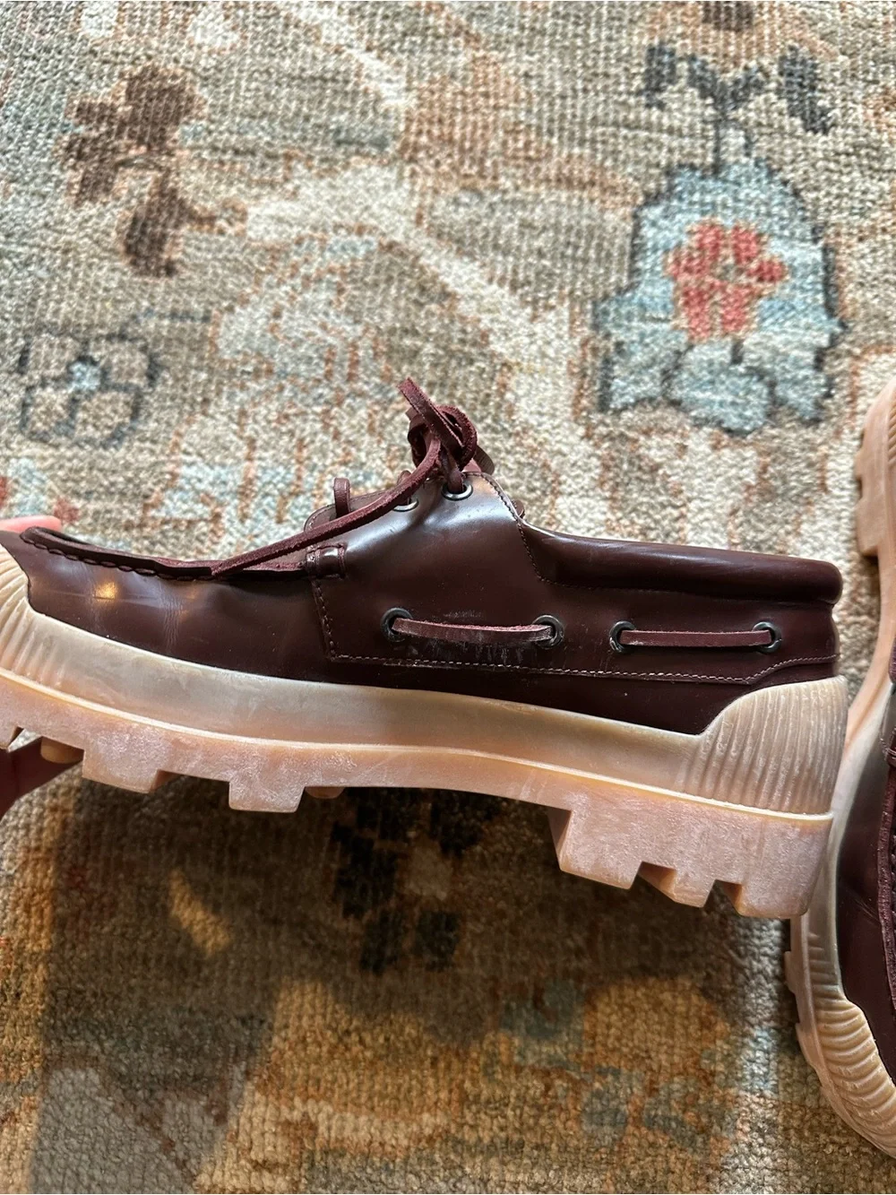 Acne Studio Men’s Burgundy Leather Lug-Sole Boat Shoes Limited edition